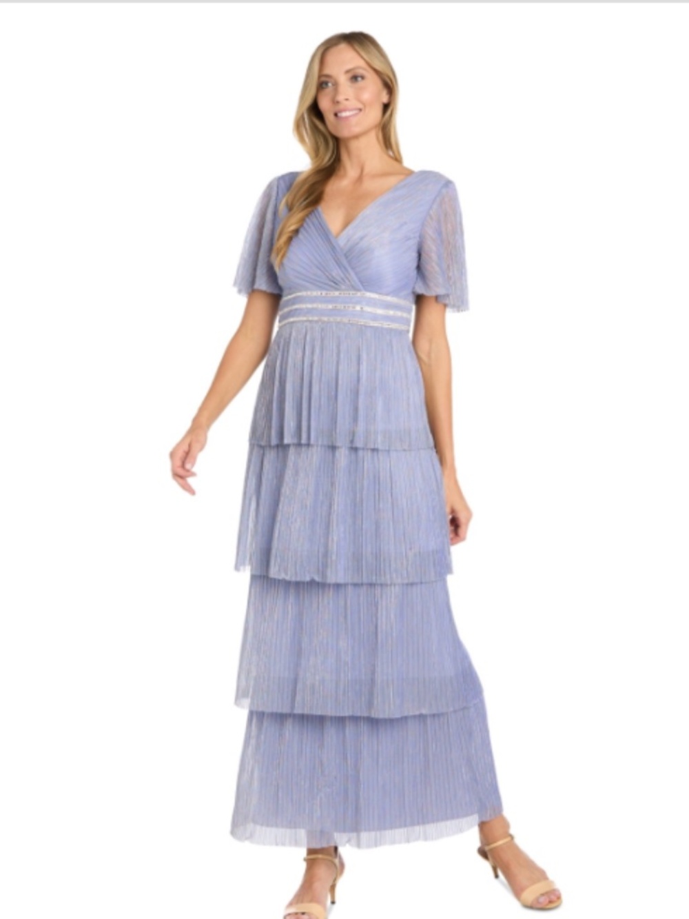 R & M Richards Women's Tiered Rhinestone-Waist Pleated Gown - Lilac